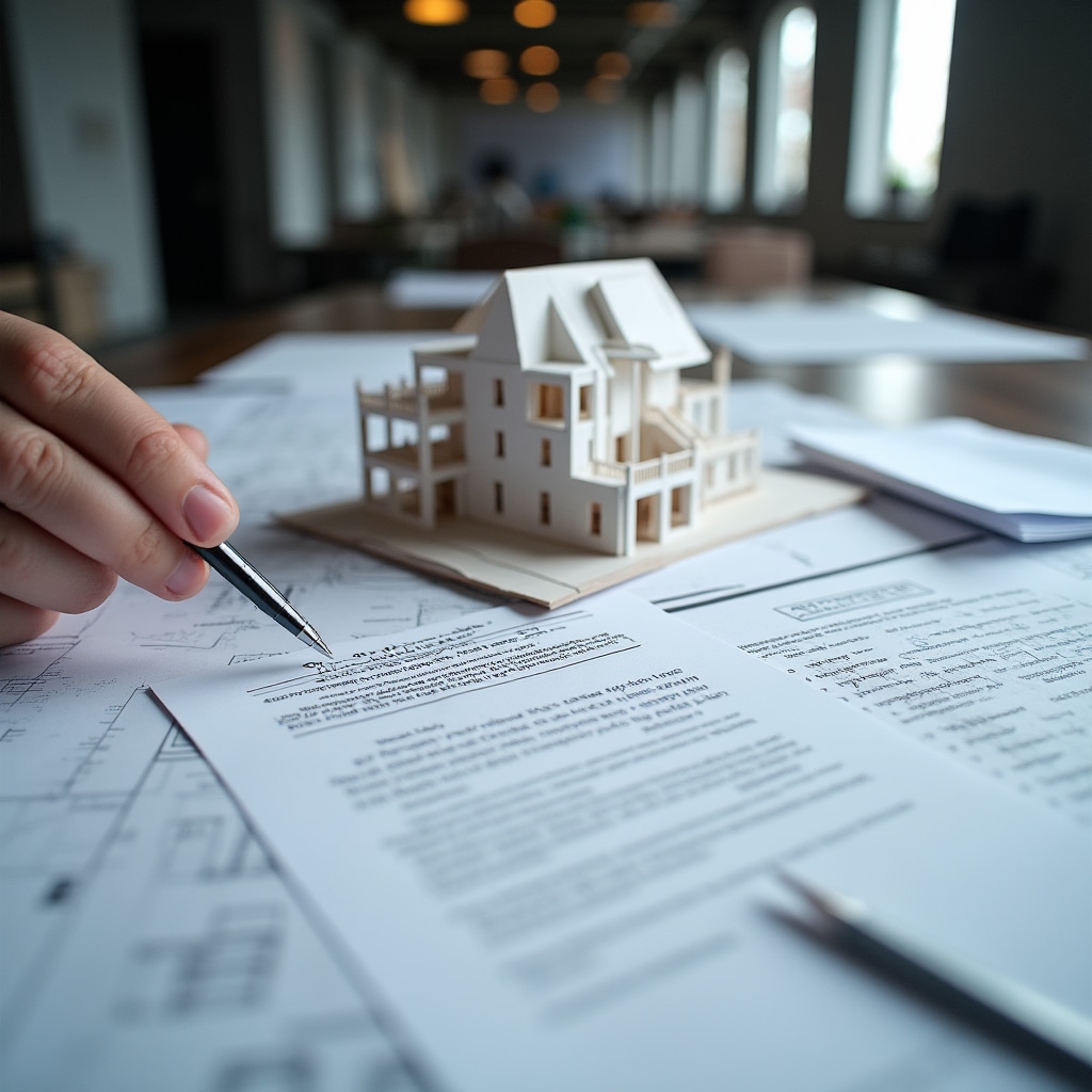 Architectural model and financial documents representing a fideicomiso development structure in Buenos Aires