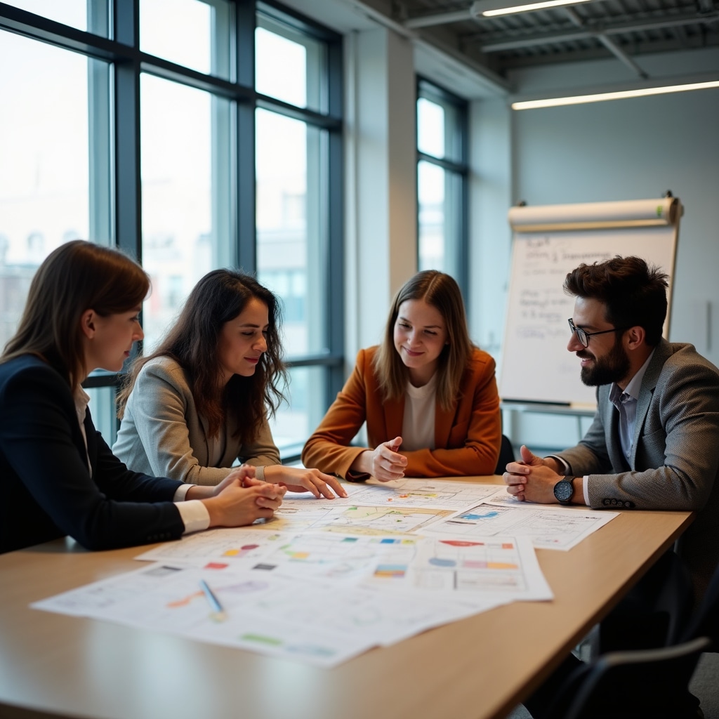 Workshop participants reviewing collective financing diagrams in a seminar room