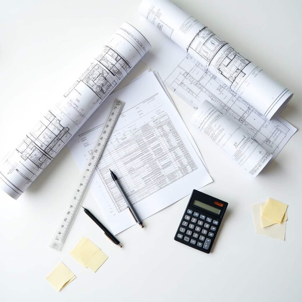 Architectural blueprints and financial documents representing real estate project structures