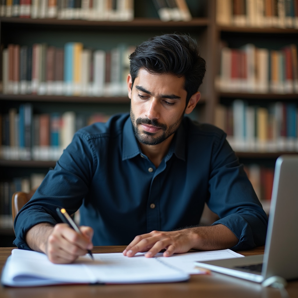 Entrepreneur reviewing real estate market documents at a library desk