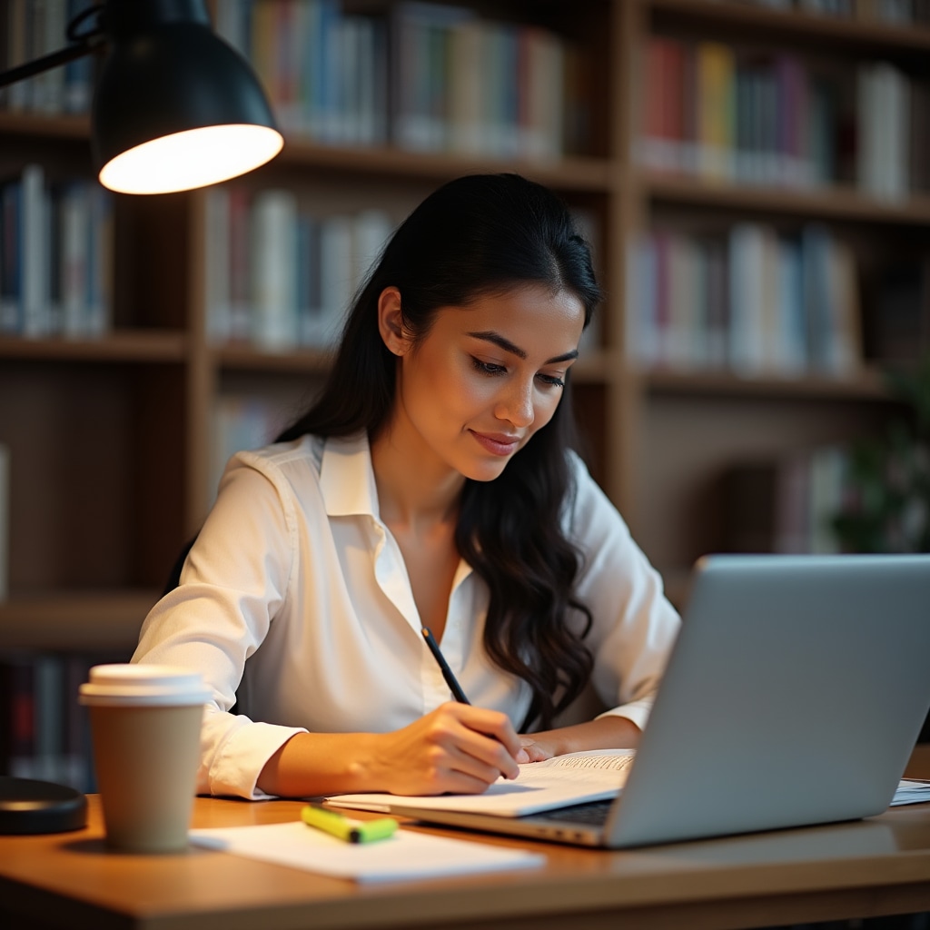 Small business owner taking notes on a laptop in a well-lit academic study space