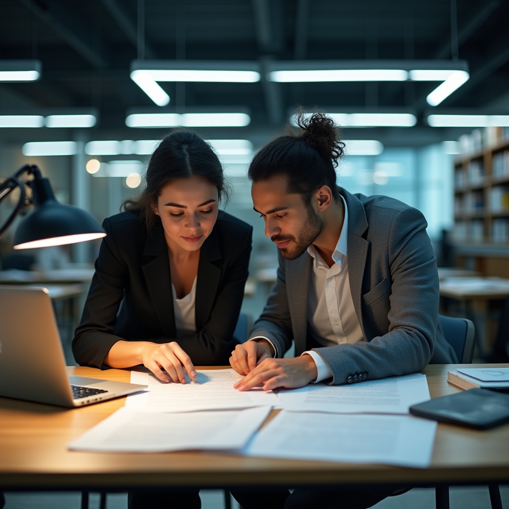 Two team members discussing real estate market content at a shared desk with documents and a laptop