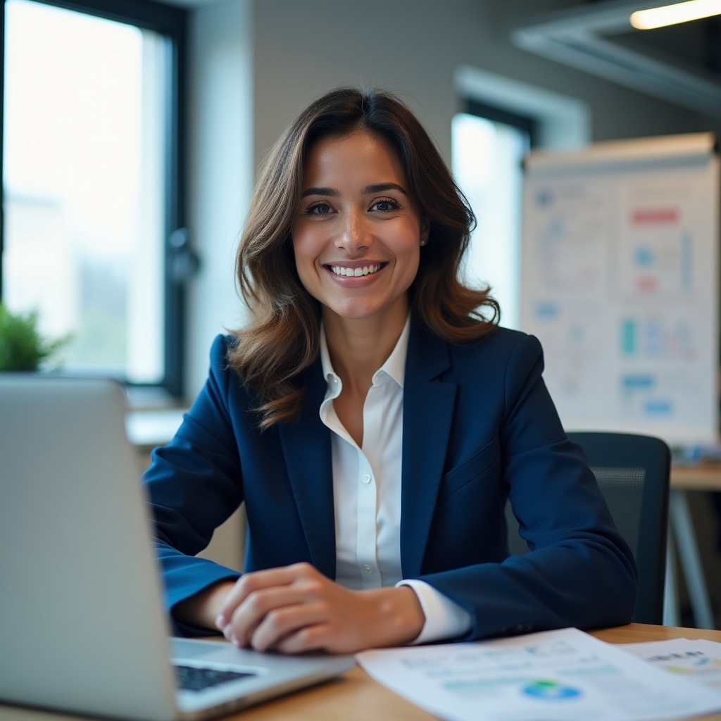Carolina Reyes, finance researcher reviewing spreadsheets in a bright academic workspace