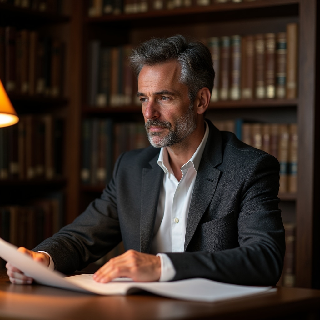 Diego Fontana, regulatory specialist consulting documents at a reading table in a study room