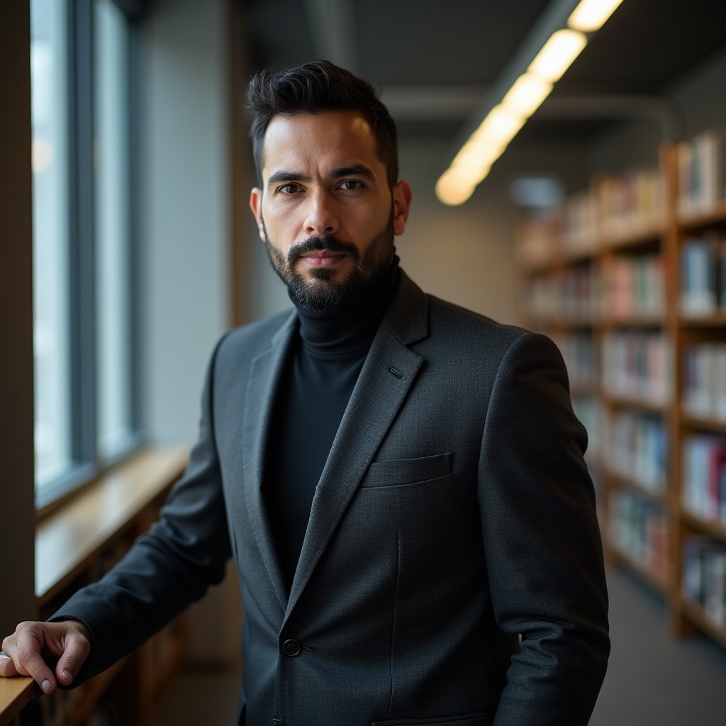 Martín Vargas, academic director with a focused expression in a university library