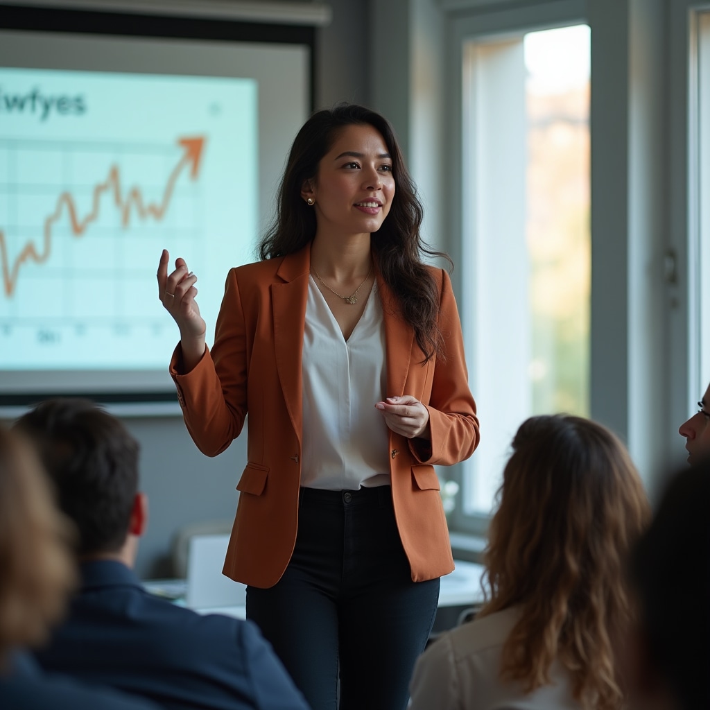 Valeria Méndez, content coordinator presenting course materials in a seminar setting